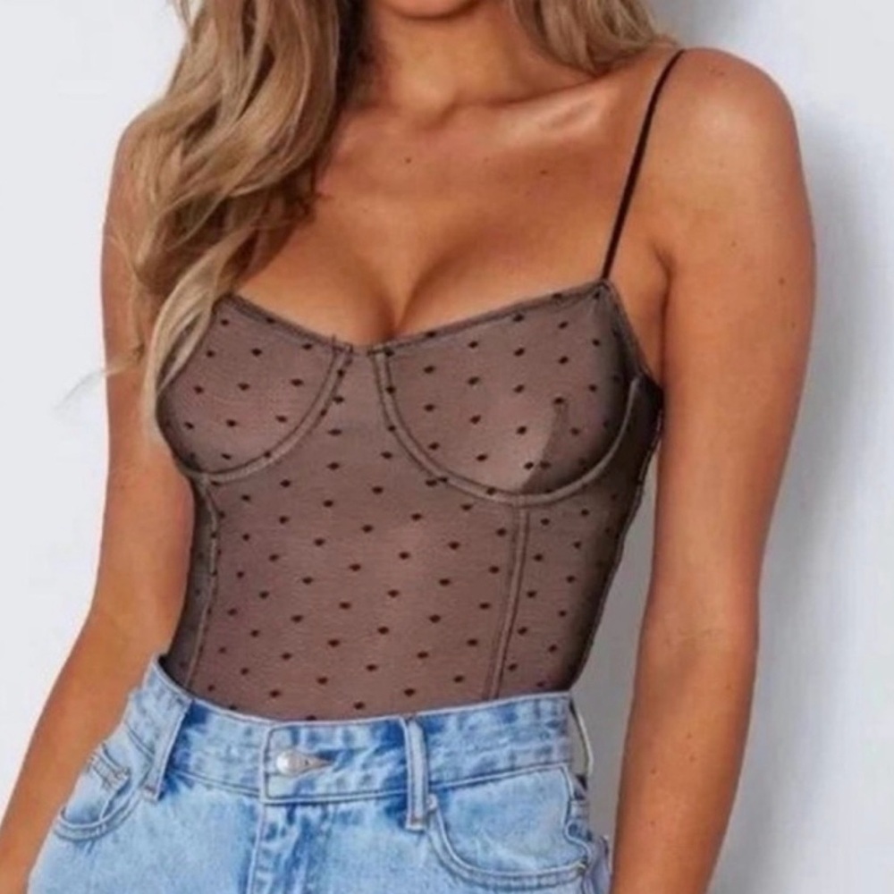 Sheer Brown Polka Dot Bodysuit with Black Trim